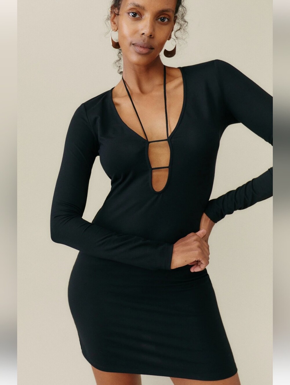 Reformation Vianna Knit Dress Black Long Sleeve Cutout Mini Bodycon XS